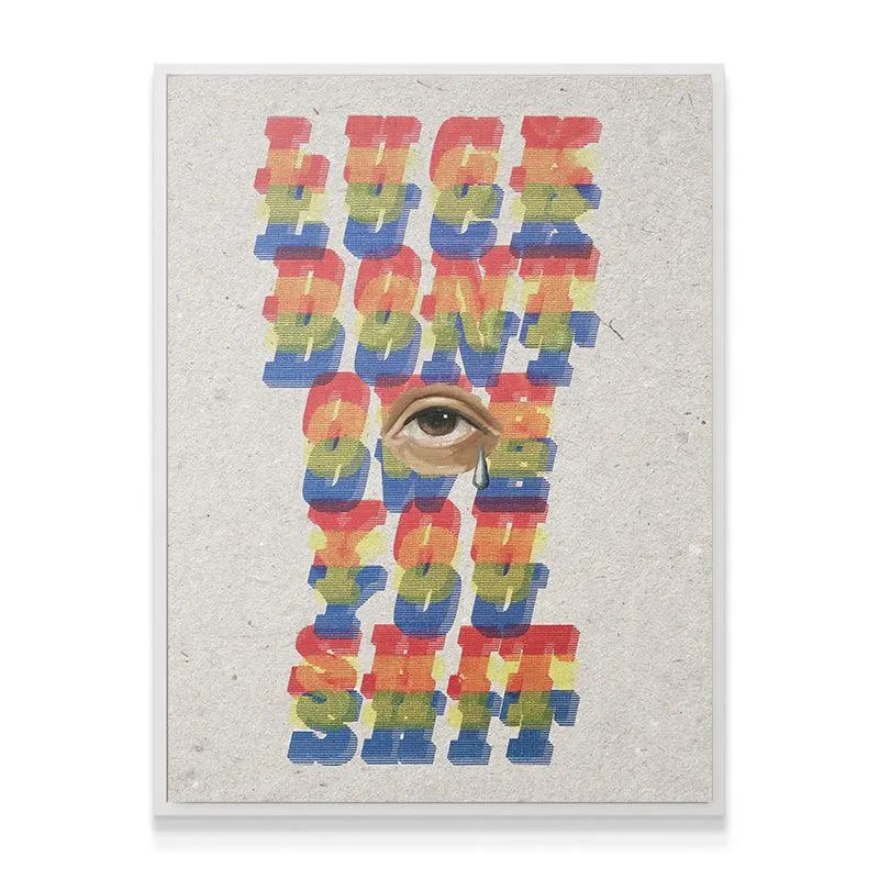 Detailed texture shot showing the layered, vintage effect of the rainbow typography in the 'Luck Don't Owe You Shit' artwork.