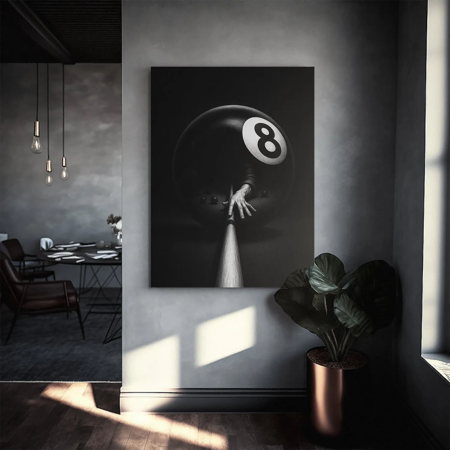 Textured detail shot of the wooden grain on the pool cue emerging from the 8-ball, central to the Luck Is In Your Hands artwork.