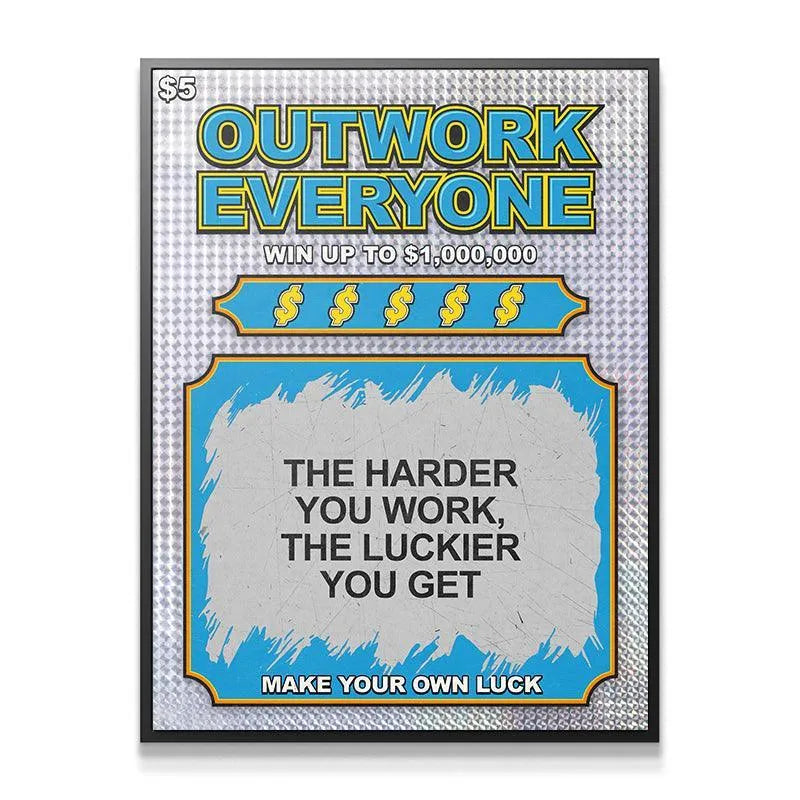Close-up detail of the "Outwork Everyone" text on the Lucky Ticket artwork