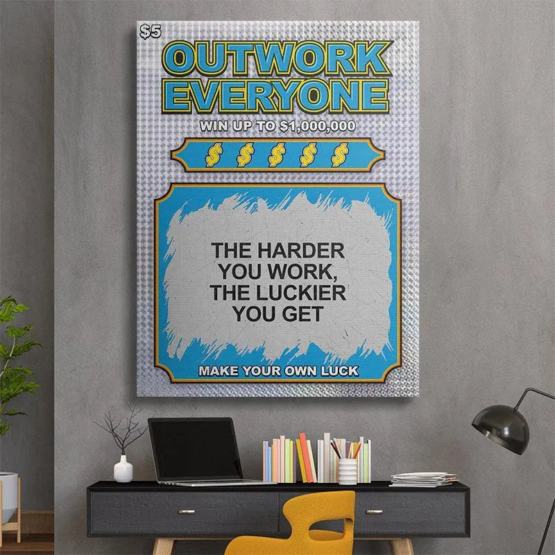 Lifestyle shot of the Lucky Ticket print framed in a modern office environment
