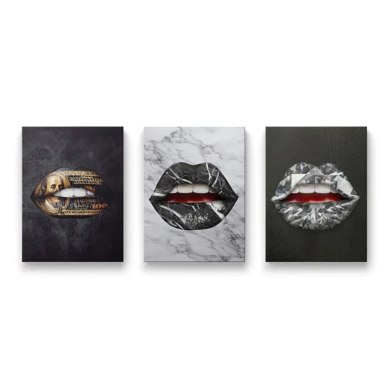 Full view of the three-piece gallery wall art set: Luxury Lips Bundle.