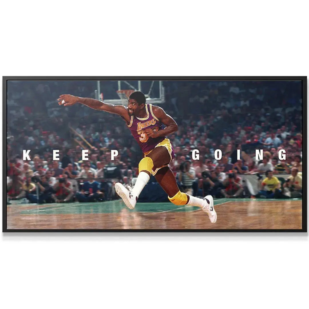 Close-up detail of Magic Johnson's determined facial expression on the Keep Going poster.