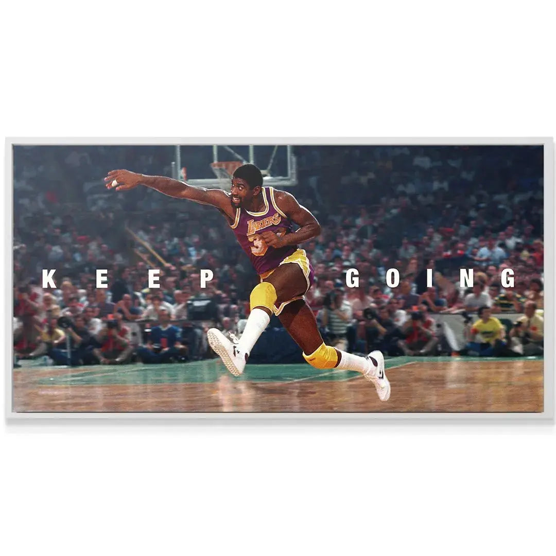 Low-angle perspective of the Magic Johnson - Keep Going canvas capturing the iconic mid-air leap and drive.