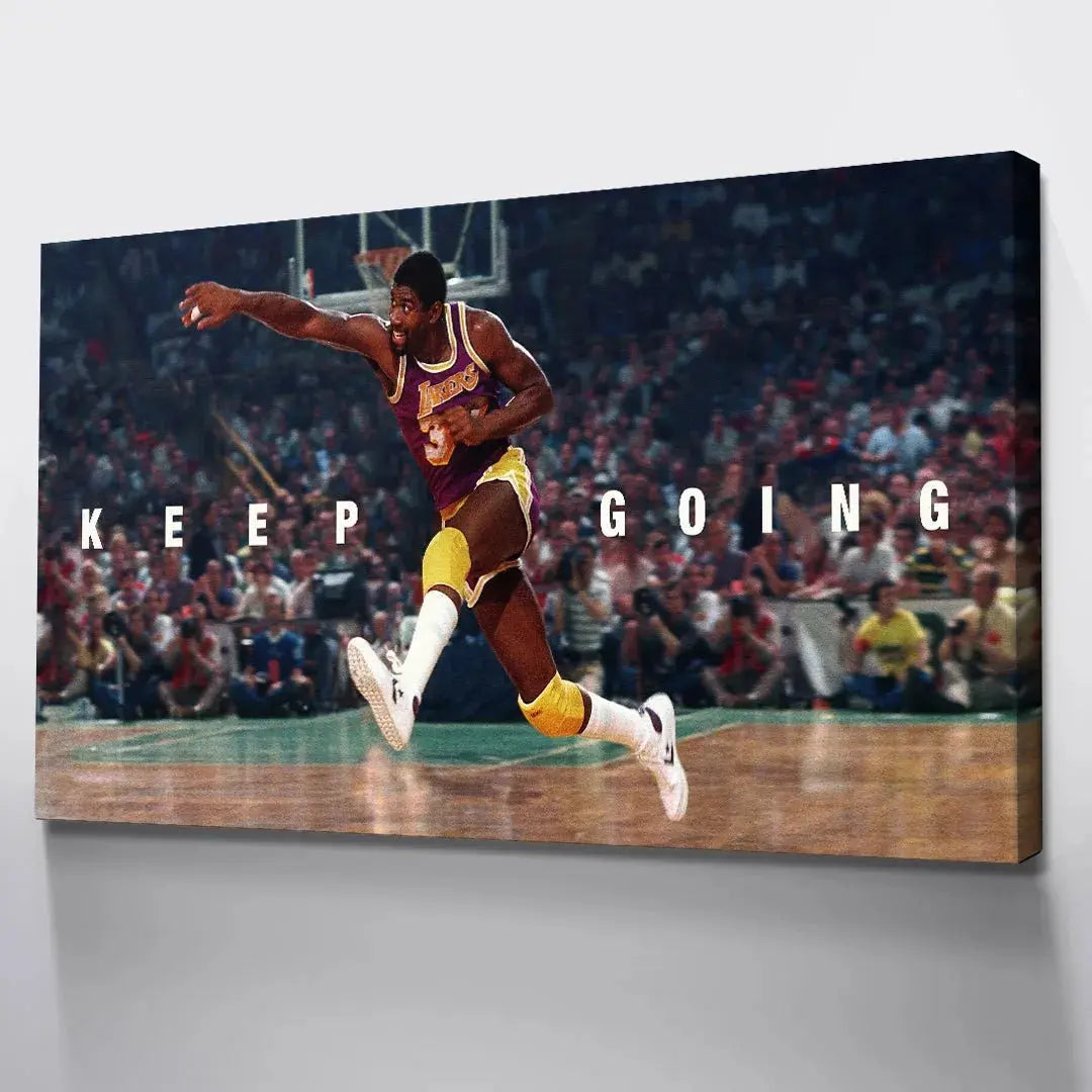 Wide shot of the Laker crowd backdrop behind the flying Magic Johnson - Keep Going artwork, emphasizing the atmosphere.