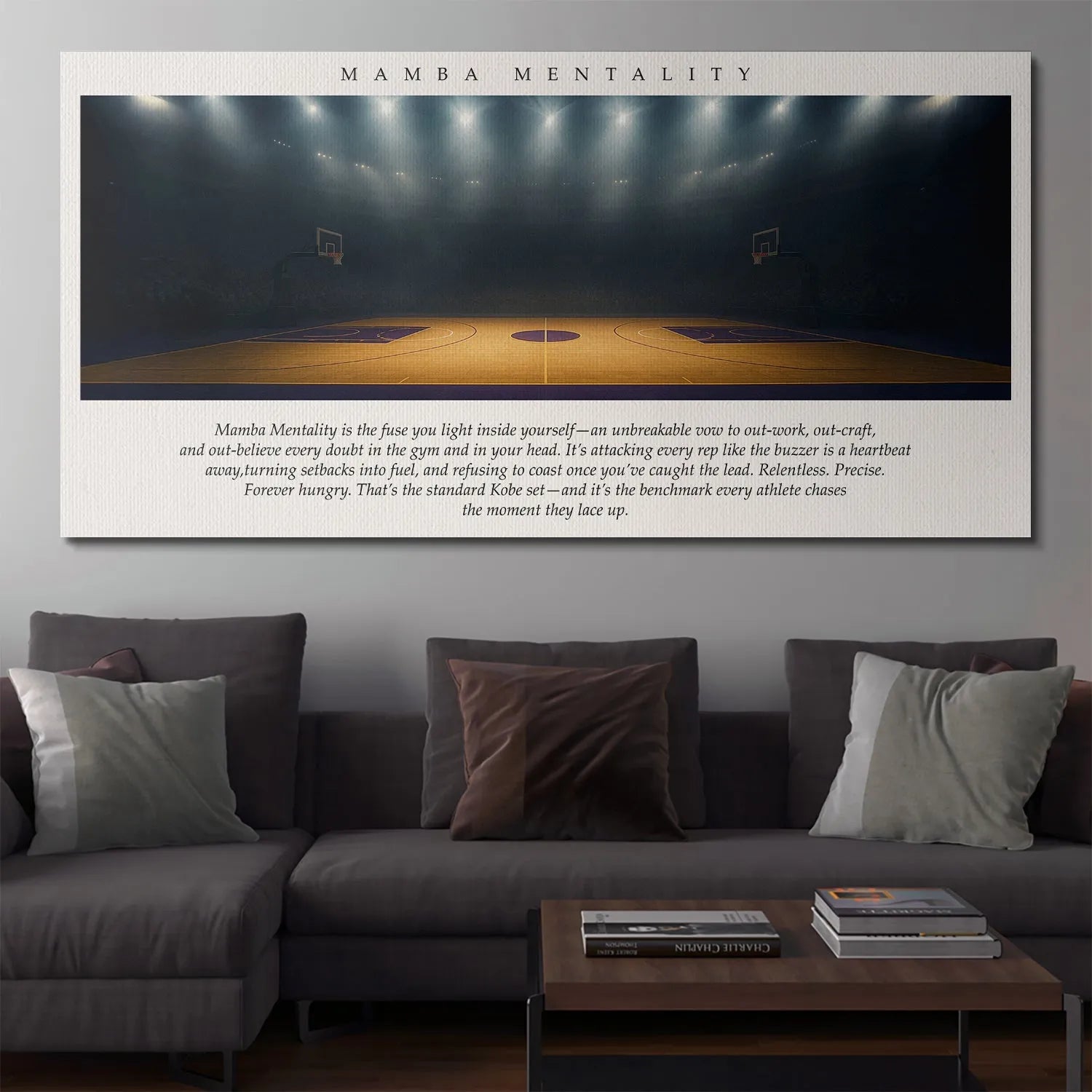 Detailed capture of the polished hardwood floor and court lines representing the Mamba Mentality focus.