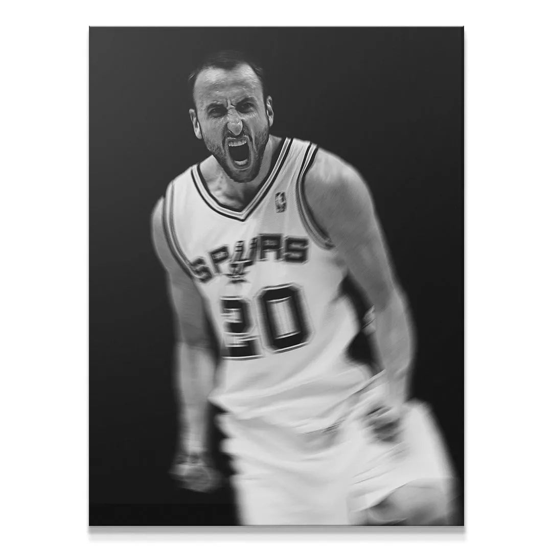 Intense close-up of Manu Ginobili's screaming face in black and white, titled Manu Ginobili - #1.