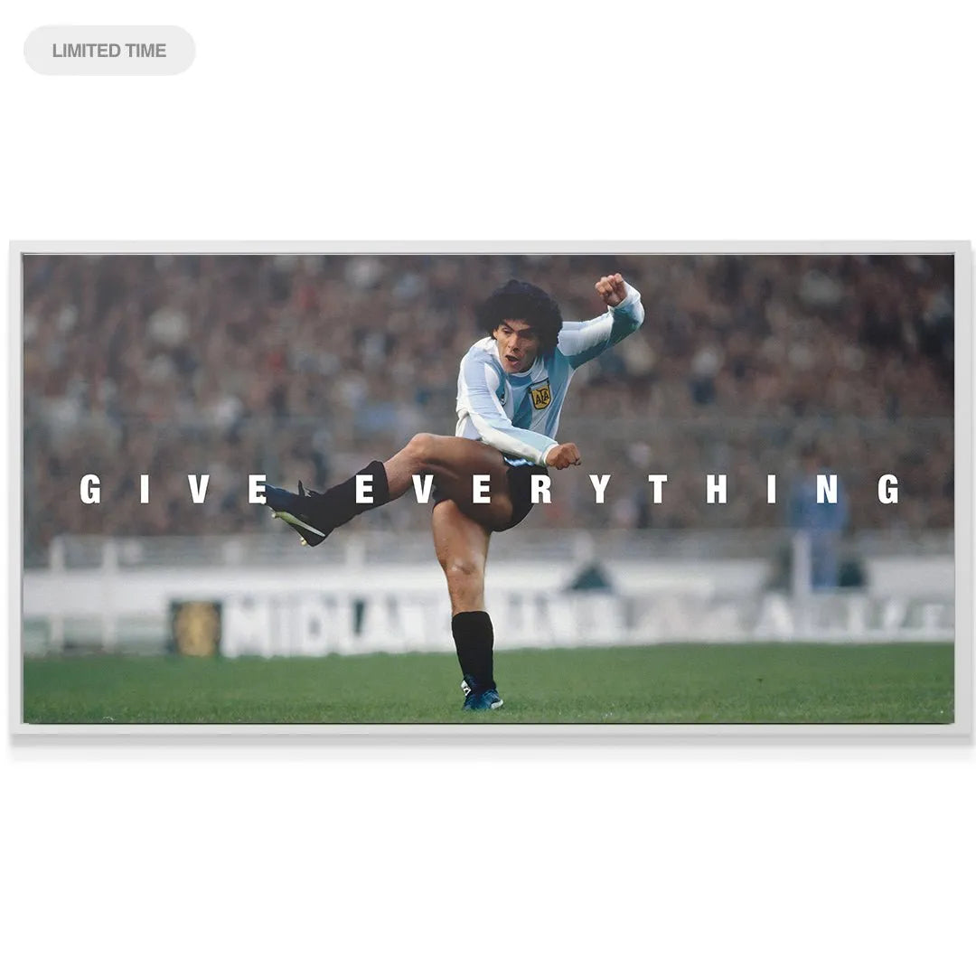 Close-up texture shot of the high-definition canvas print quality for Maradona - Give Everything.