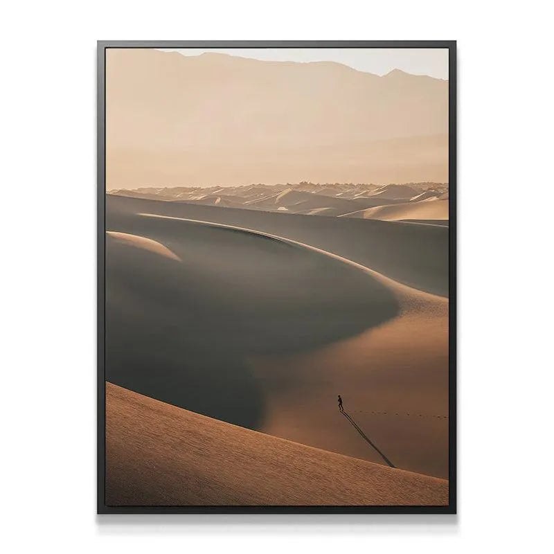 Wide view of the contoured desert landscape artwork titled 'Mars Walker' with soft, morning light.