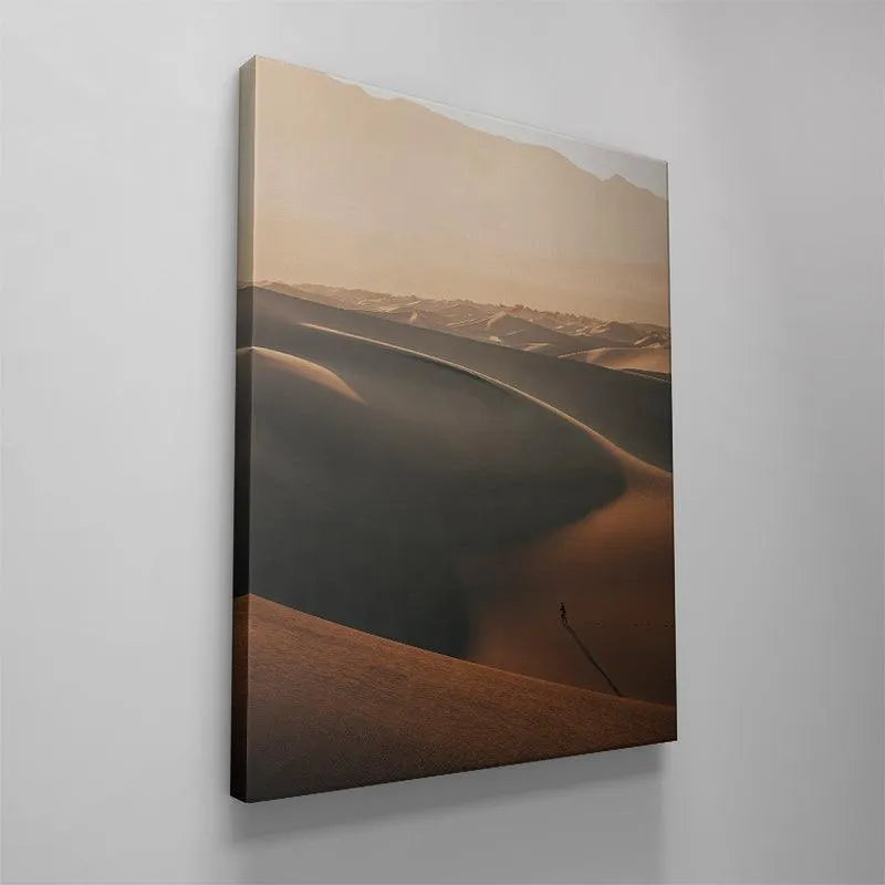 Lifestyle view of 'Mars Walker' hanging above a modern minimalist living room sofa.