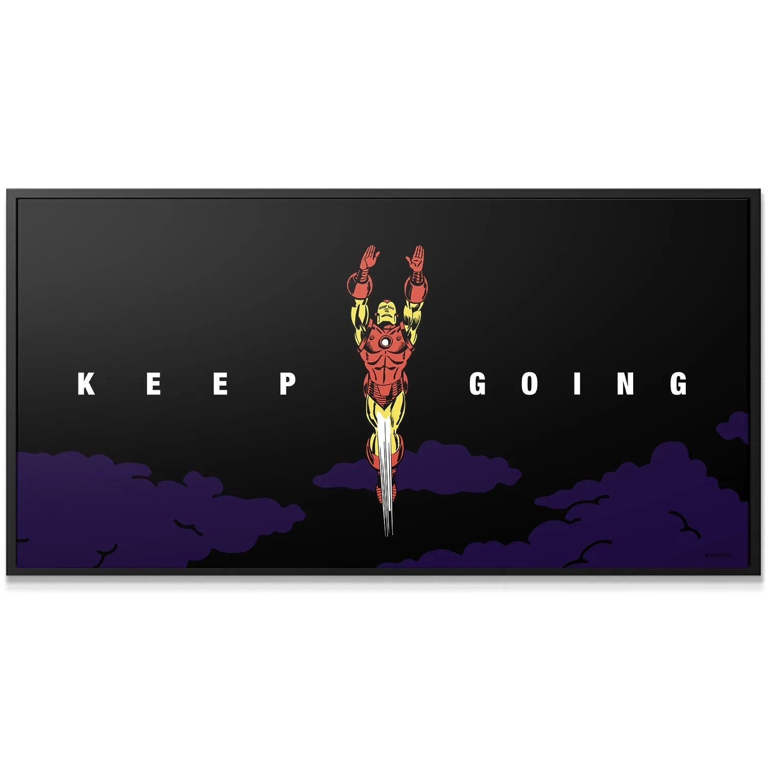 Detailed close-up of Iron Man's classic red and gold armor suit during his vertical ascent in the 'Marvel - Iron Man - Keep Going' graphic.