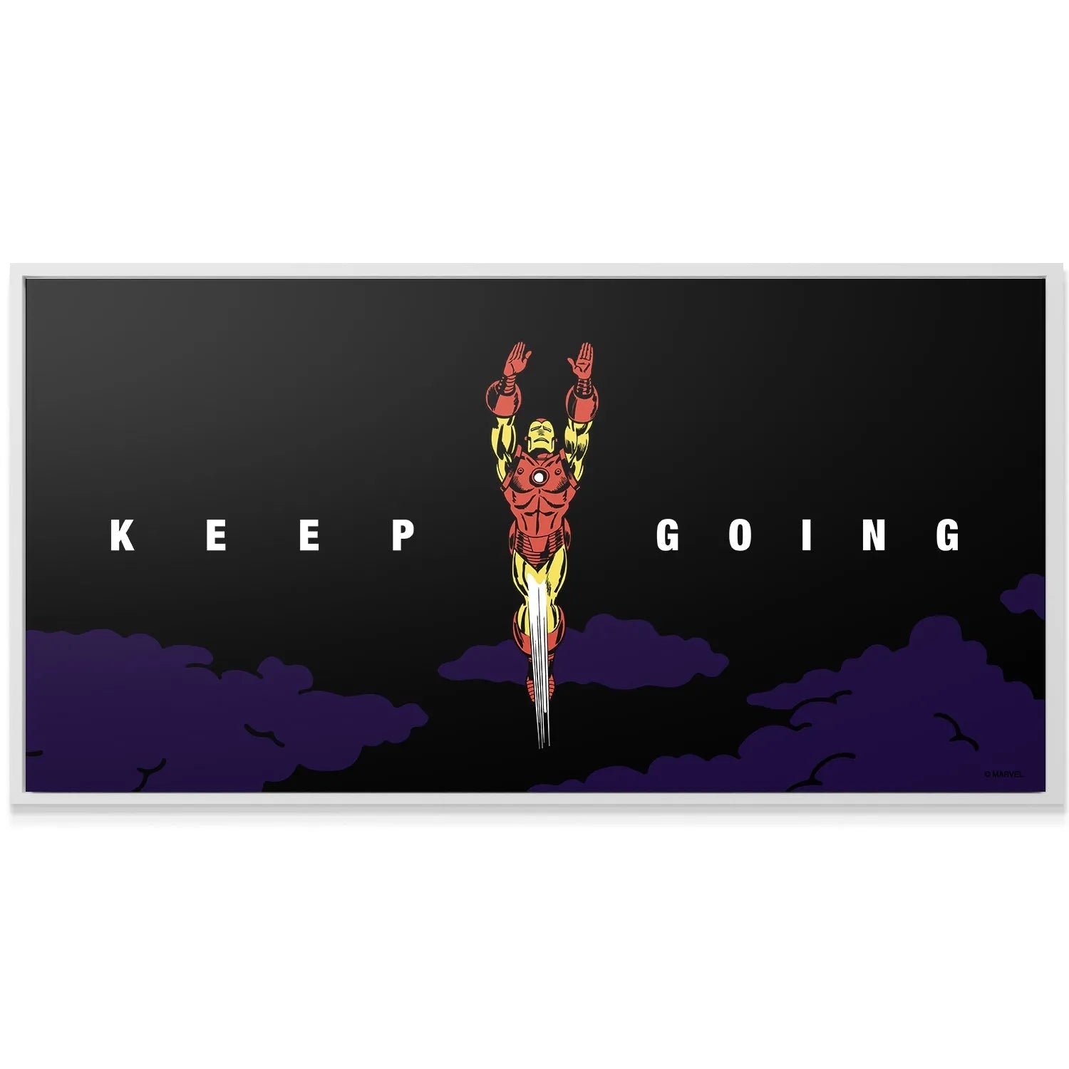 Vibrant screen print texture of the 'Marvel - Iron Man - Keep Going' inspirational artwork mounted perfectly on a bedroom wall.