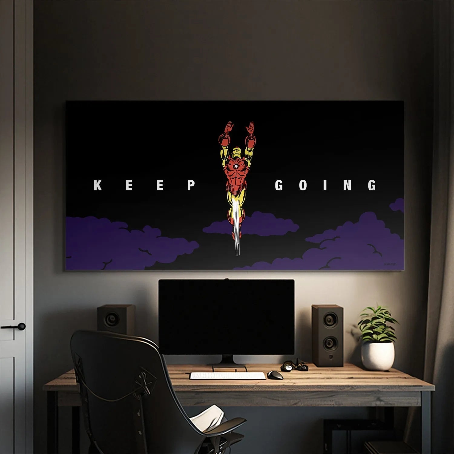 Dynamic upward angle showing Iron Man thrusting off with powerful repulsor jets in the 'Marvel - Iron Man - Keep Going' design.