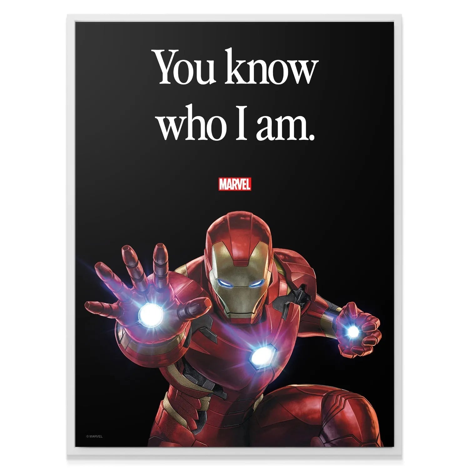 Low-angle shot emphasizing Iron Man's stance and metallic armor texture: Marvel - Iron Man - You Know Who I Am.
