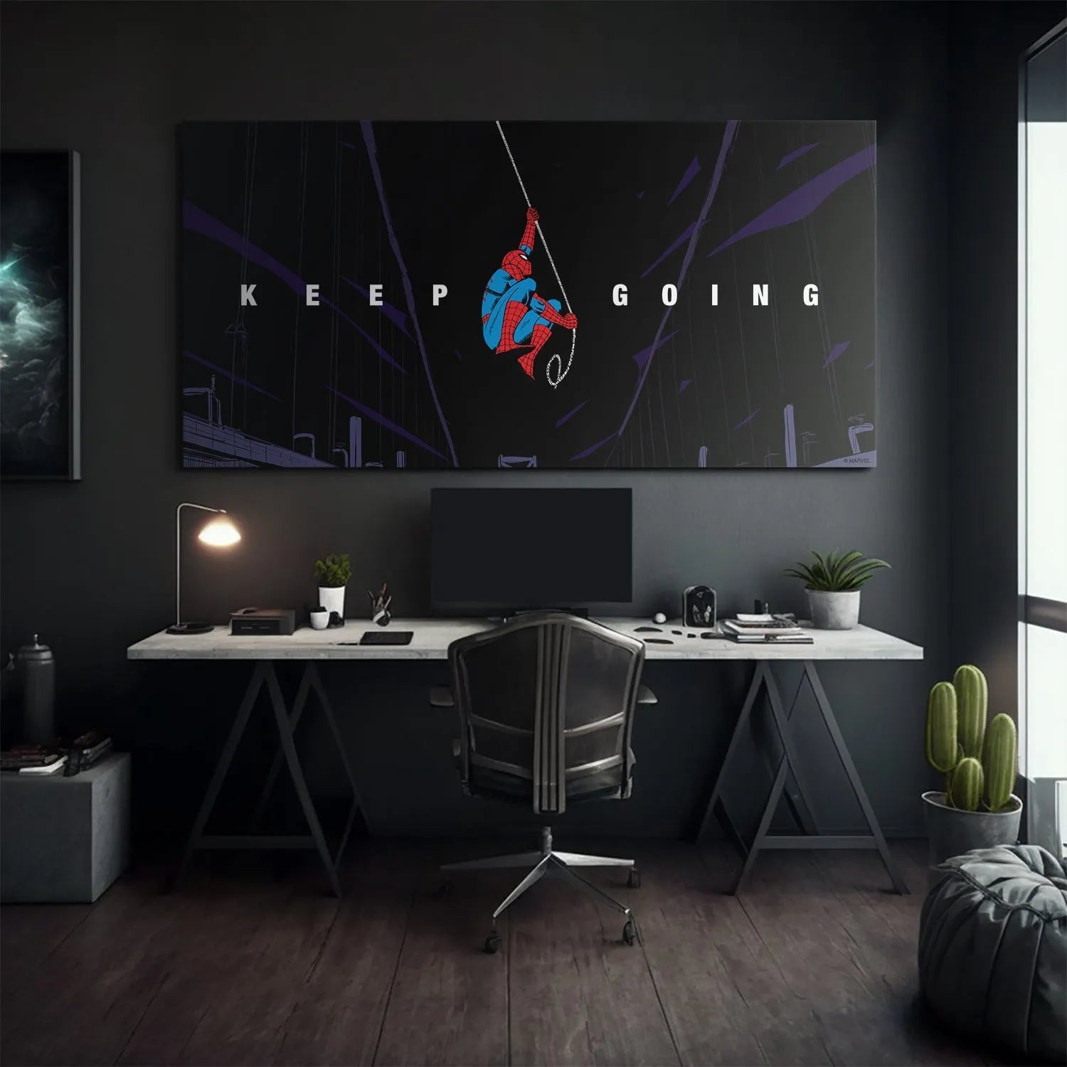 Atmospheric view of the dark, stylized cityscape background in the Marvel - Spider-Man - Keep Going artwork.