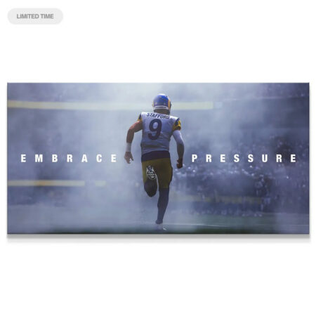Matthew Stafford - Embrace Pressure large panoramic view of the QB running onto the misty NFL field.