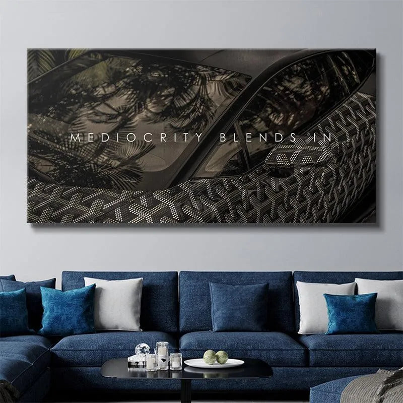 Black and white aesthetic automotive art emphasizing the defiant phrase 'Mediocracy Blends In'.
