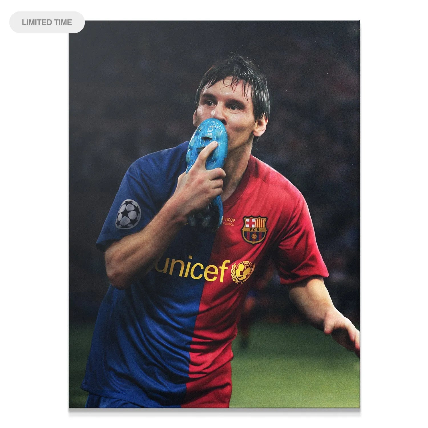 Emotional close-up of Lionel Messi celebrating the victory, detailed view of the Messi - Boot Kiss.