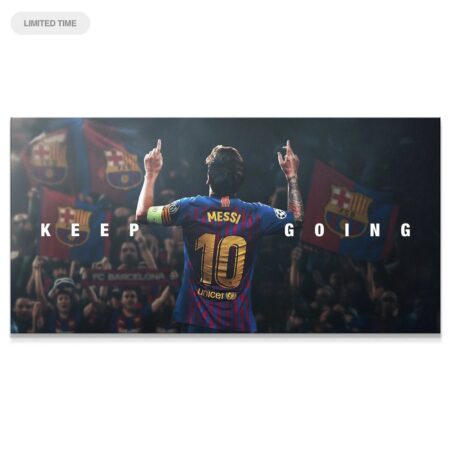 Wide shot of the celebratory moment captured in the 'Messi - Keep Going' canvas art.