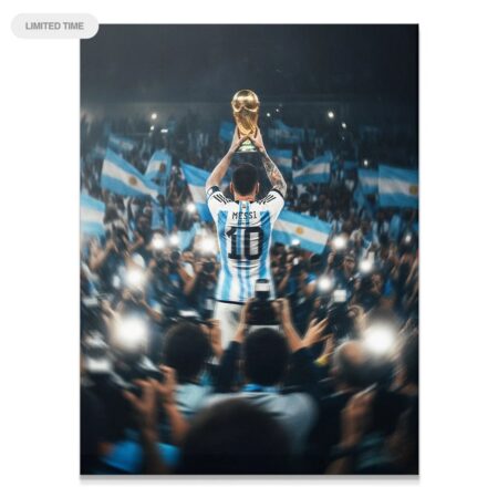 Full vertical shot of Lionel Messi lifting the World Cup trophy in "Messi - Man In the Arena."