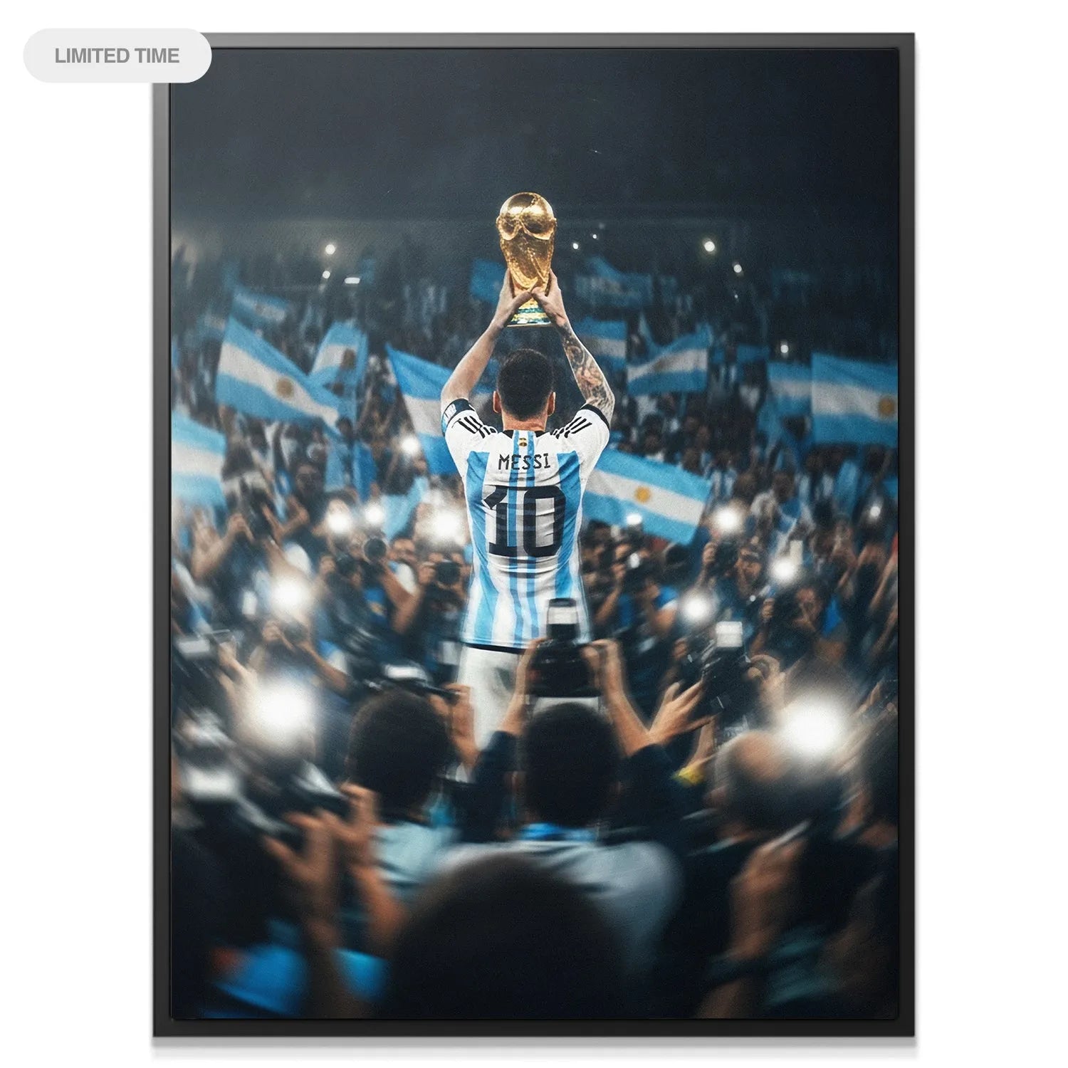 Close-up detail of the gold World Cup trophy and Messi's hands captured in the "Messi - Man In the Arena" print.