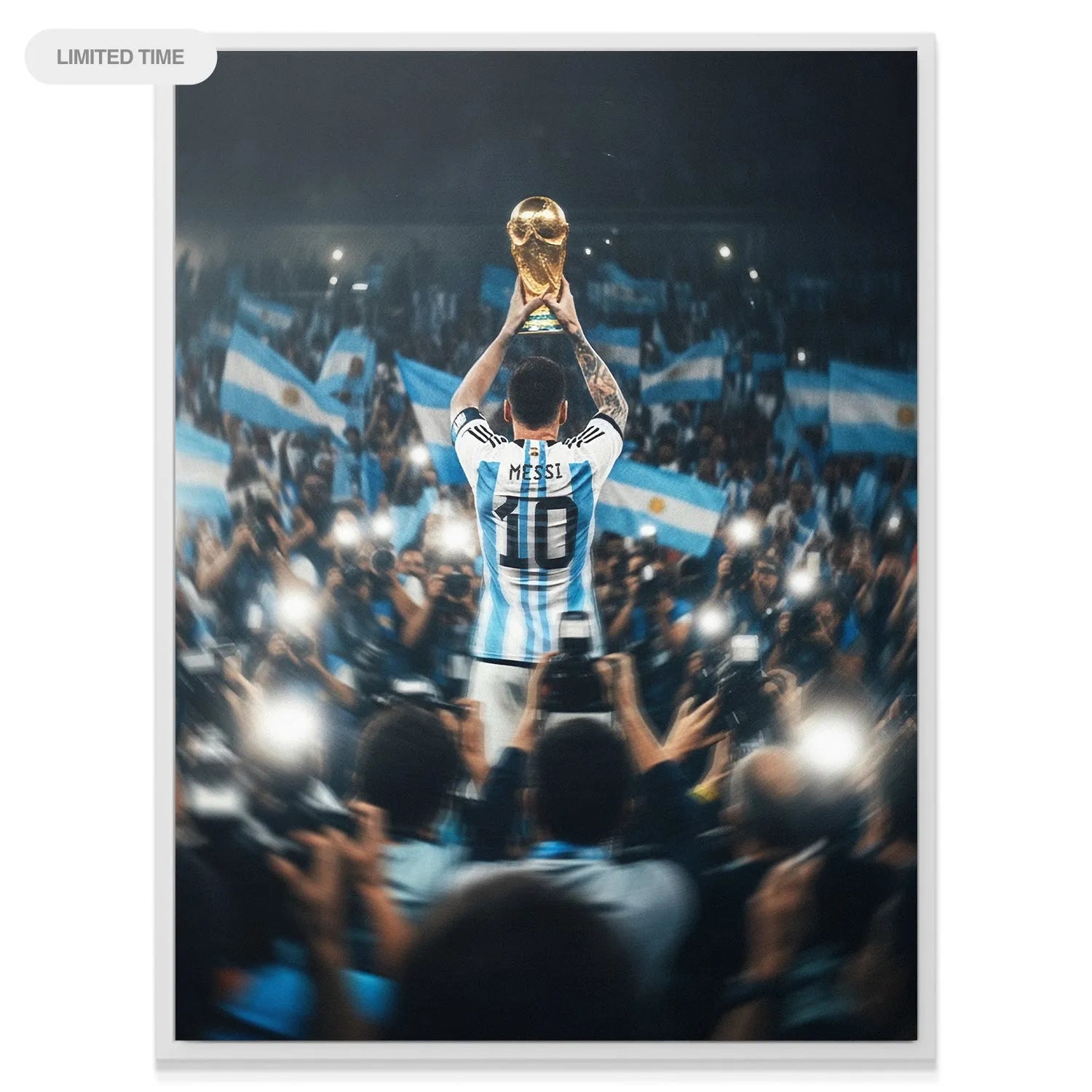 Low-angle perspective emphasizing the sheer scale of the celebration captured in "Messi - Man In the Arena."