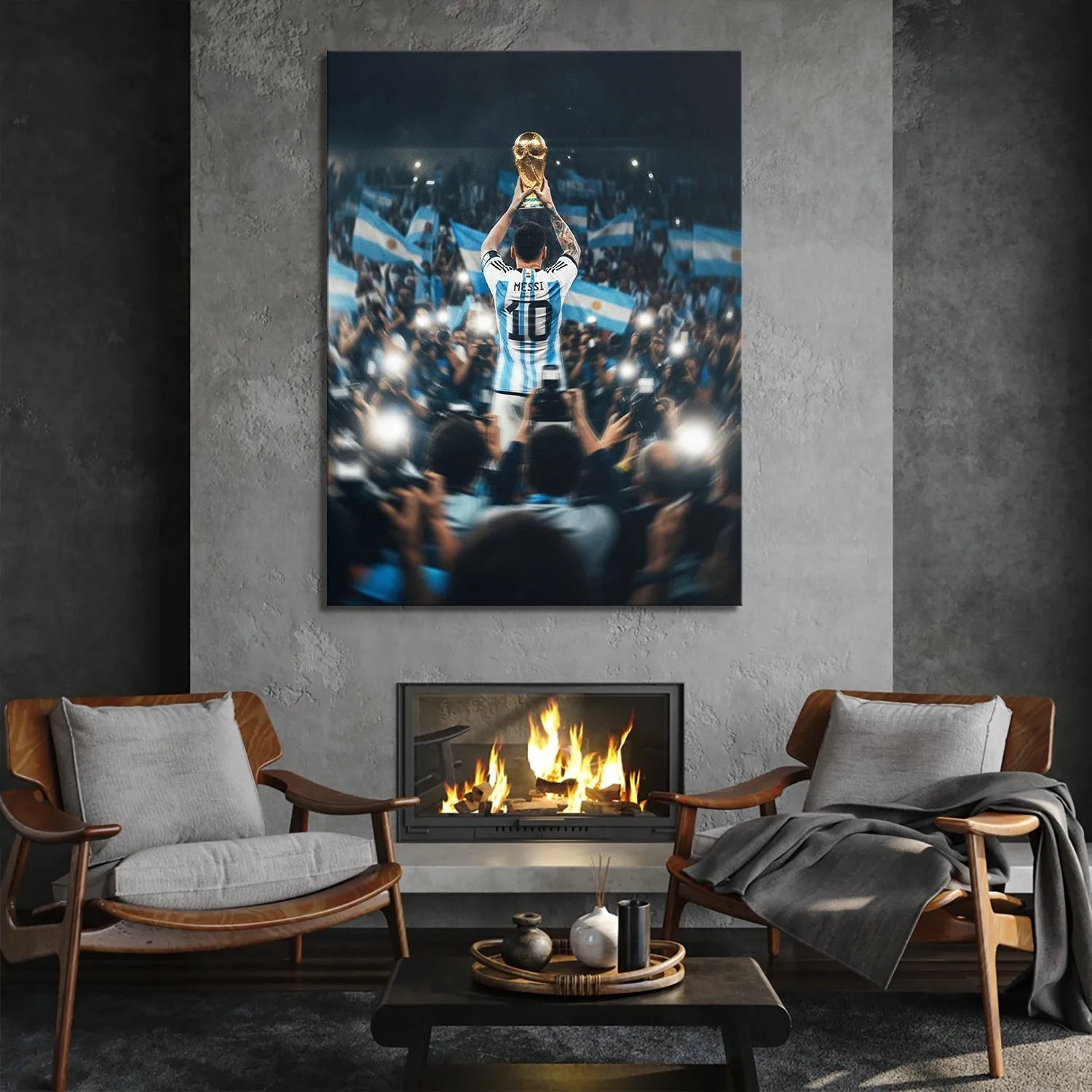 Artistic rendering focusing on the intense lens flare and camera flashes surrounding "Messi - Man In the Arena."
