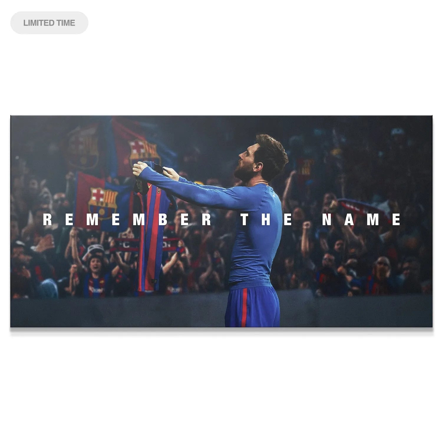 Wide landscape shot showcasing the defining goal celebration moment in the 'Messi - Remember The Name 2' print.