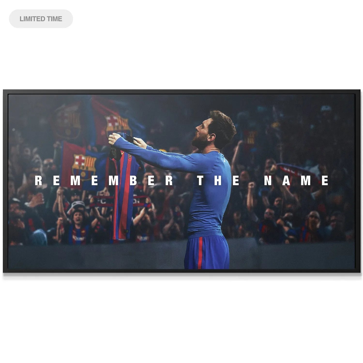 Detailed close-up showing the texture of the FC Barcelona jersey held high by the legend in the 'Messi - Remember The Name 2' artwork.