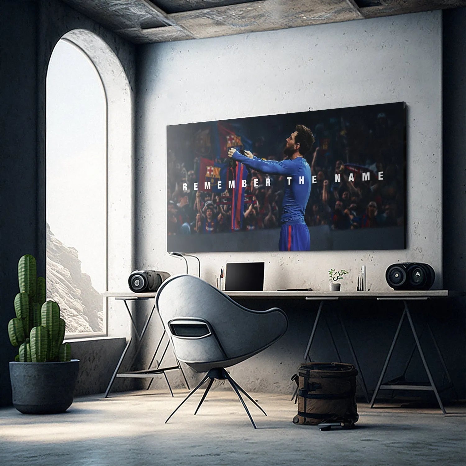 Mood and lighting analysis emphasizing the dark, high-contrast style of the 'Messi - Remember The Name 2' wall decoration.