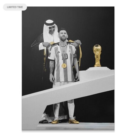 Close-up view of the World Cup trophy and Lionel Messi's celebratory expression, embodying 'Messi - The Golden Moment'.