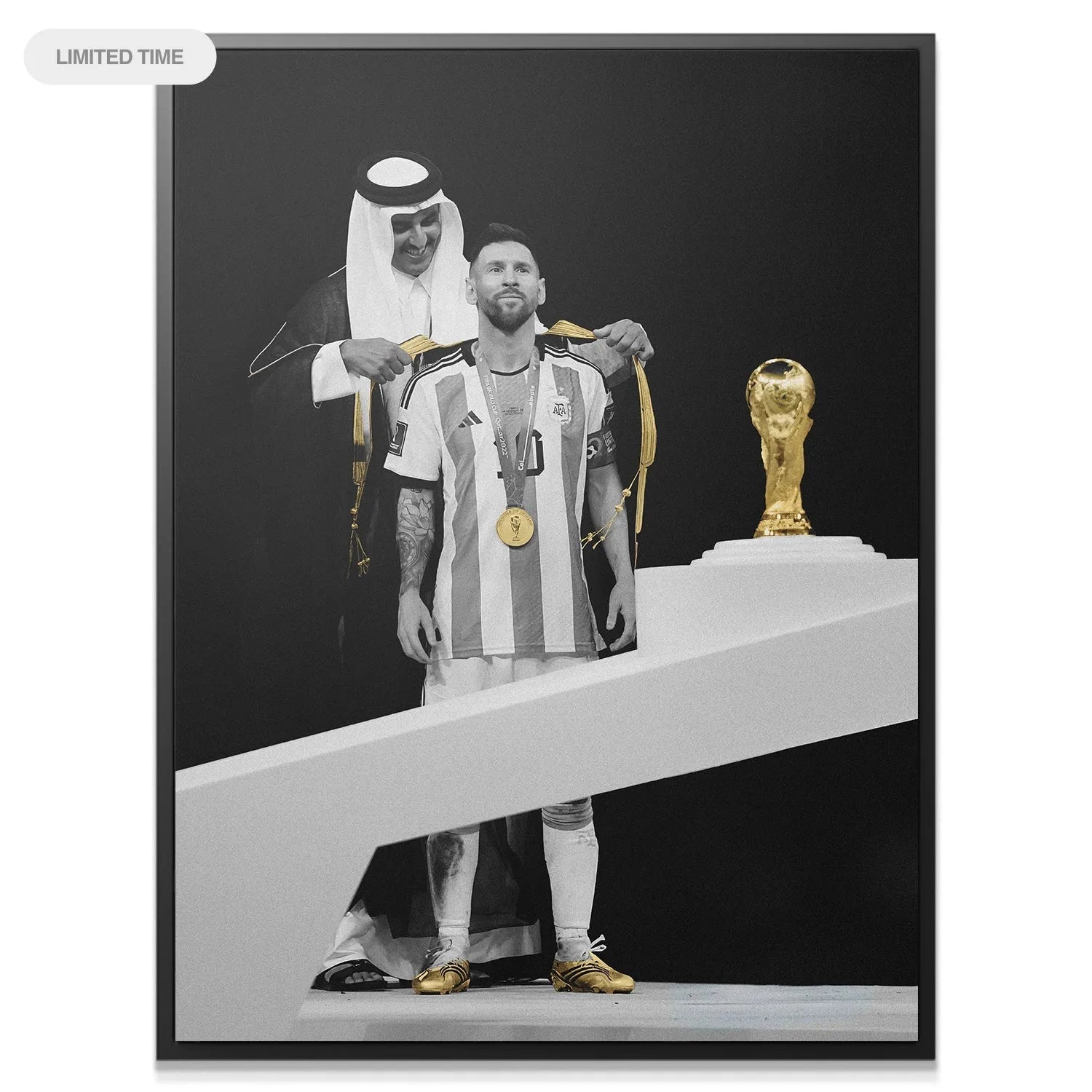 Full podium shot emphasizing the scale and drama of 'Messi - The Golden Moment' during the historic award ceremony.