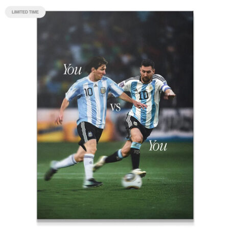 Full shot of the 'Messi - You vs You' poster capturing the two versions of the football star running with the ball.