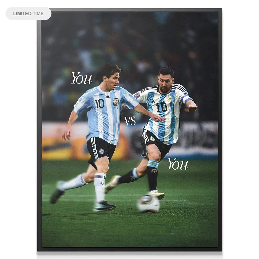 Close-up of young Messi (long hair) challenging older Messi on the 'Messi - You vs You' print.