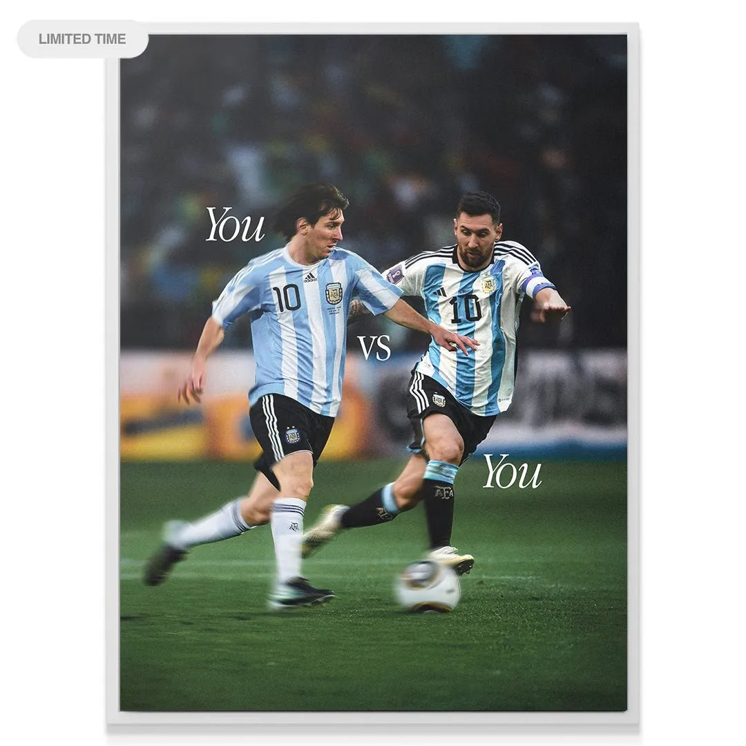 Dynamic angle showing the motion blur and intensity of the players in the 'Messi - You vs You' artwork.