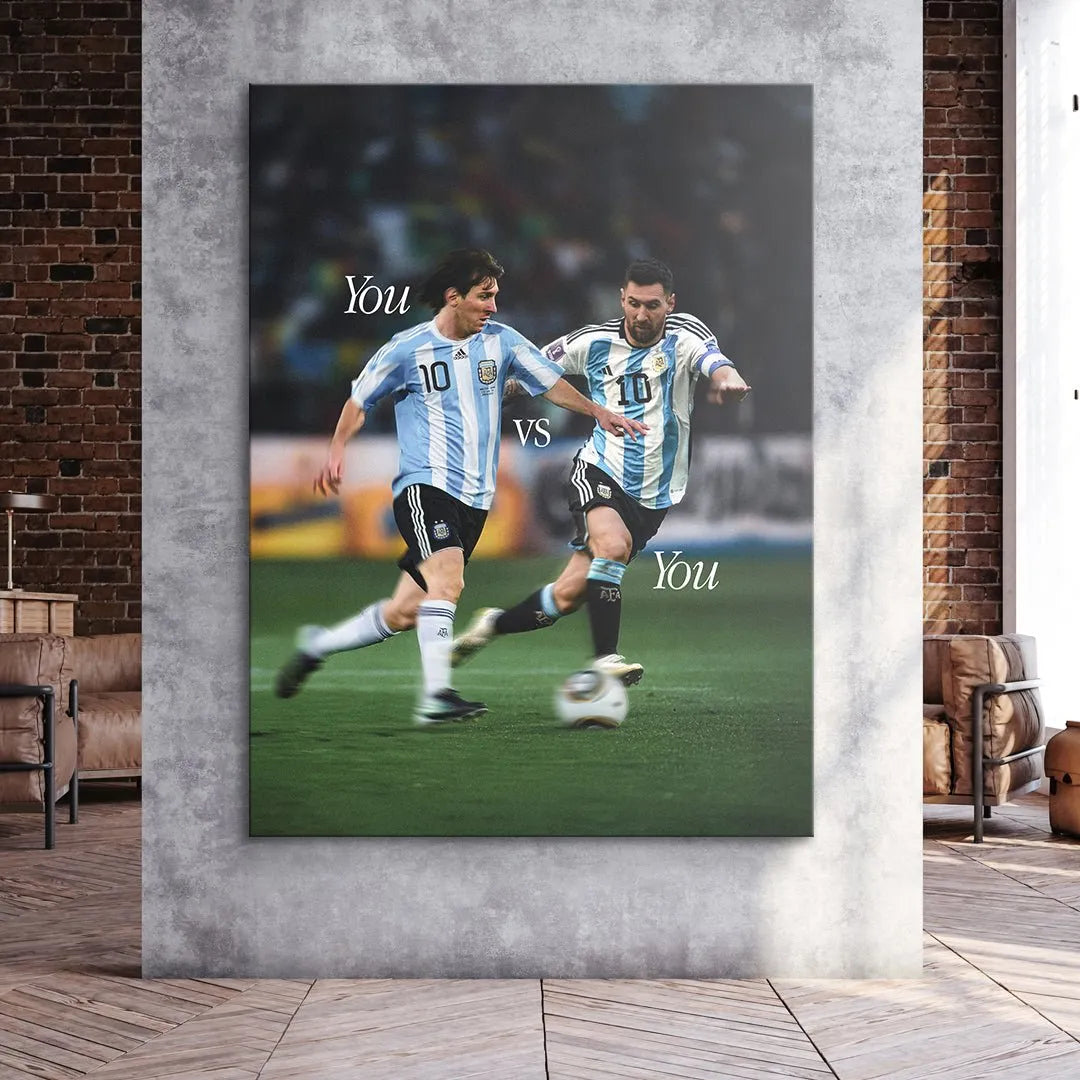 Detailed texture view of the canvas material showcasing the vibrancy of the Argentina kit on the 'Messi - You vs You' print.