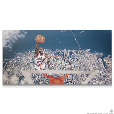 Michael Jordan - Birds Eye aerial view art print showing MJ dunking over a vast city skyline.