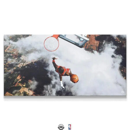 Panoramic view of Michael Jordan - Flight Test artwork, showing the full width of the surreal sky dunk canvas above the landscape.