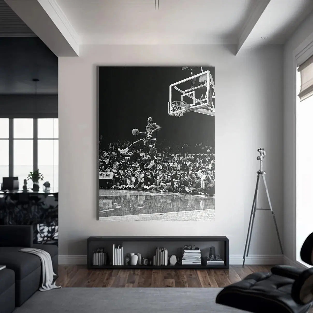 "Michael Jordan - Frozen In Time" capturing the dramatic perspective looking up at the soaring basketball legend near the rim.