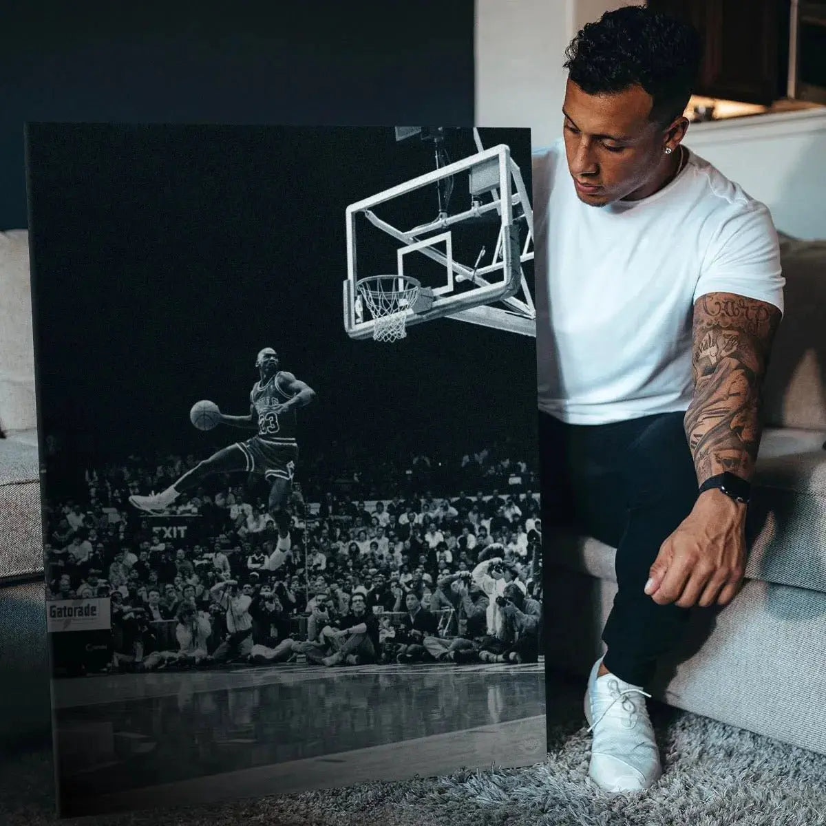 Textured canvas print showcasing the vintage grain and profound black-and-white tones of "Michael Jordan - Frozen In Time."