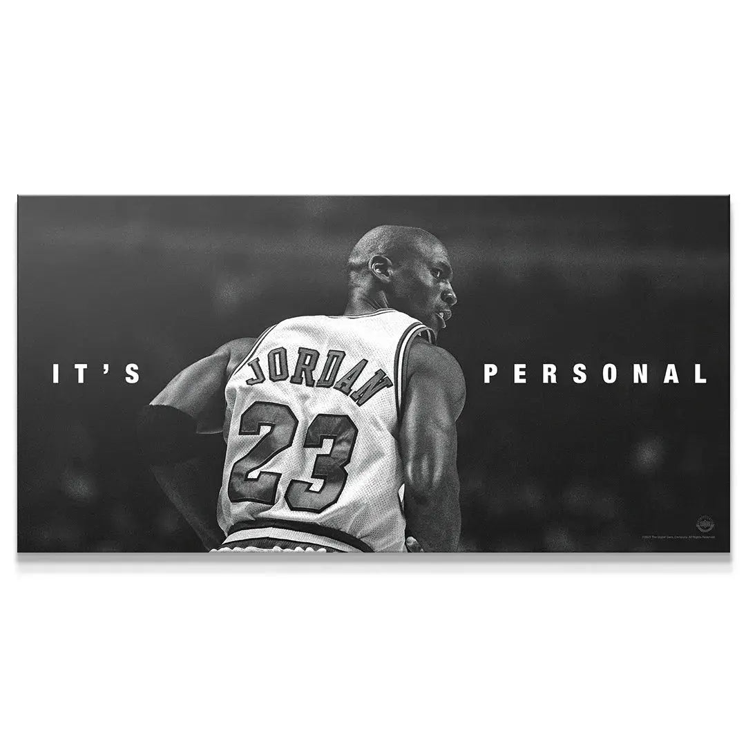 Full horizontal view of the iconic black and white poster 'Michael Jordan - It's Personal' showing MJ in his #23 jersey.