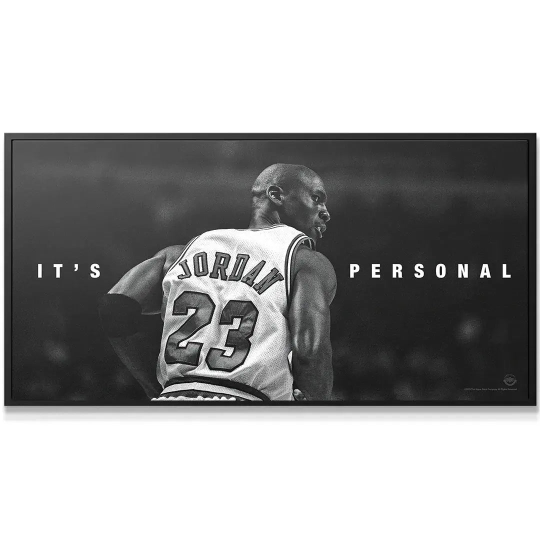 Close-up detail of Michael Jordan's focused profile, emphasizing the motivational text 'Michael Jordan - It's Personal'.