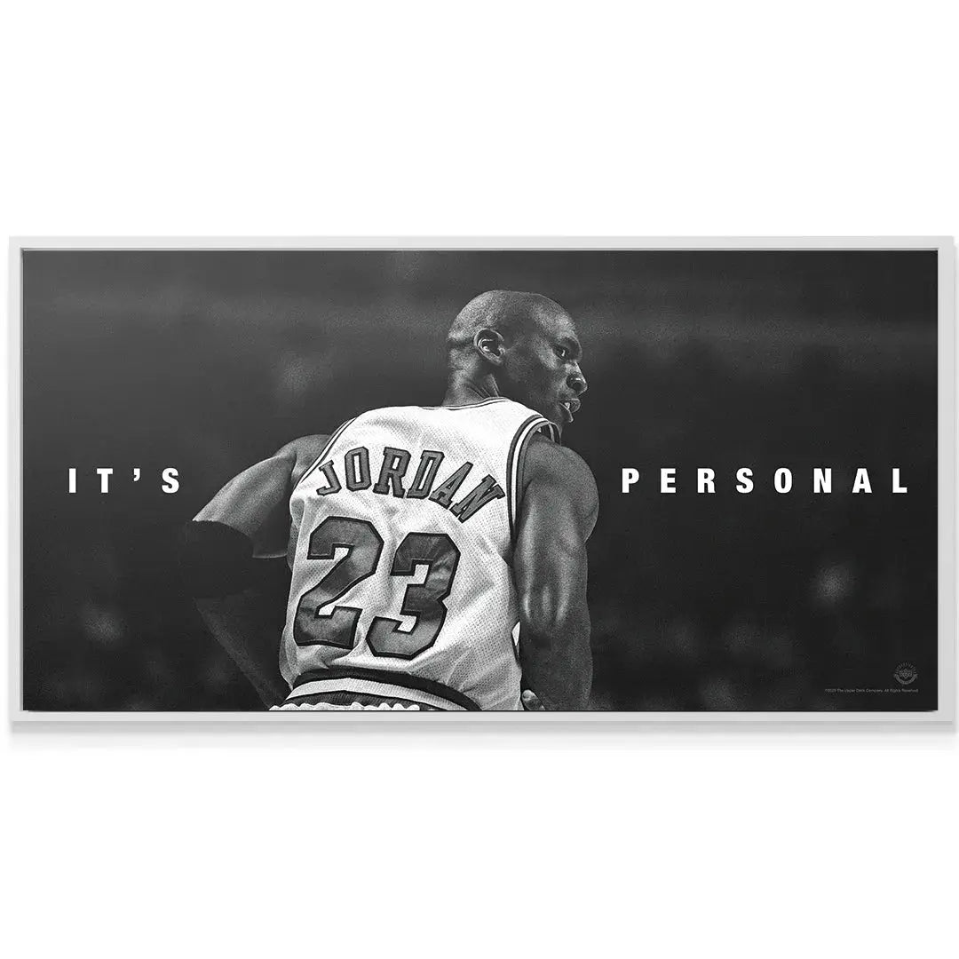 Black and white canvas texture highlighting the intense shadowing in the 'Michael Jordan - It's Personal' motivational print.