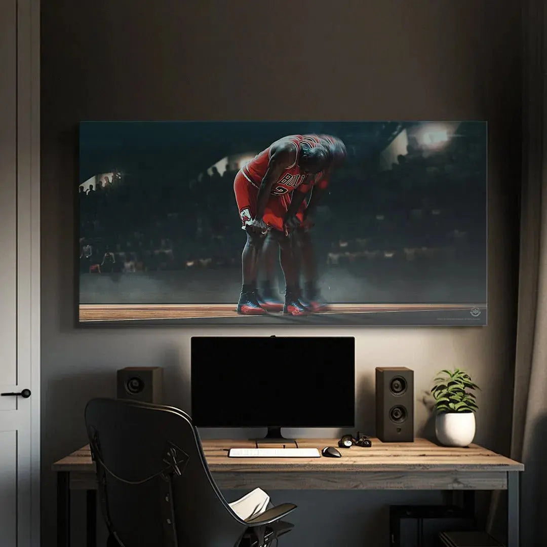 Wide shot illustrating the dark, intense atmosphere of the stadium lights and blurred crowd surrounding 'Michael Jordan - Keep Going (No Quote)'.