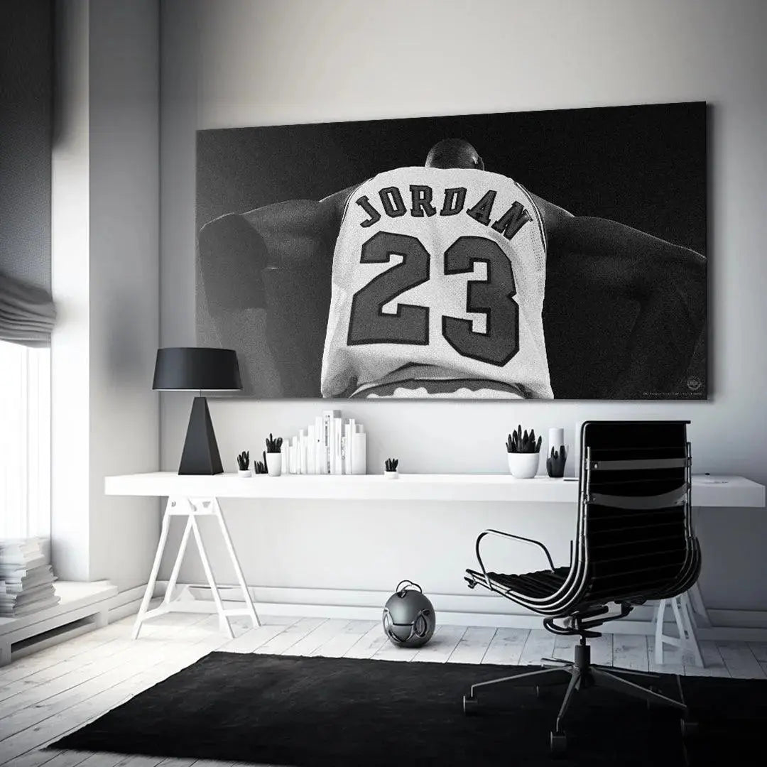 Wide shot of the framed canvas print featuring Michael Jordan - Larger Than Life ready for wall display.