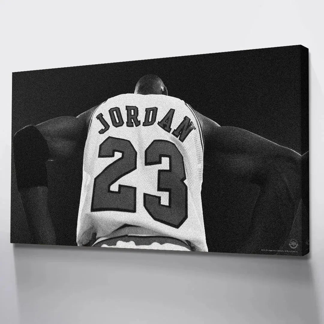 Motivational sports artwork depicting the silhouette and jersey detail of Michael Jordan - Larger Than Life.