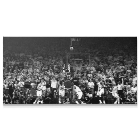 Full stadium view black and white canvas featuring Michael Jordan - Last Shot in the 1998 NBA Finals.