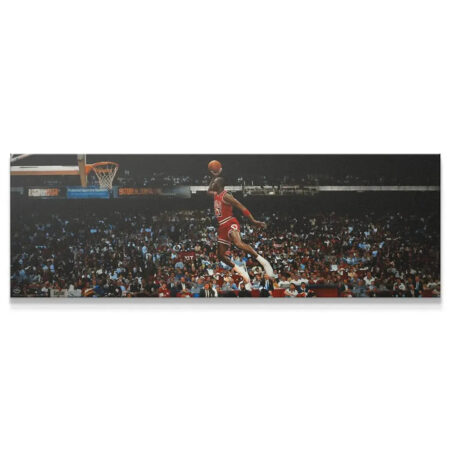 Michael Jordan - Mid Flight close-up showing his intense facial expression while scoring during the spectacular jump.