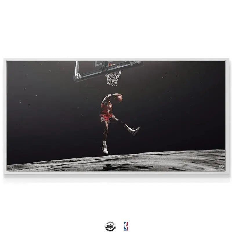 Texture shot of the grey lunar surface beneath the iconic Michael Jordan - Moon Landing imagery.