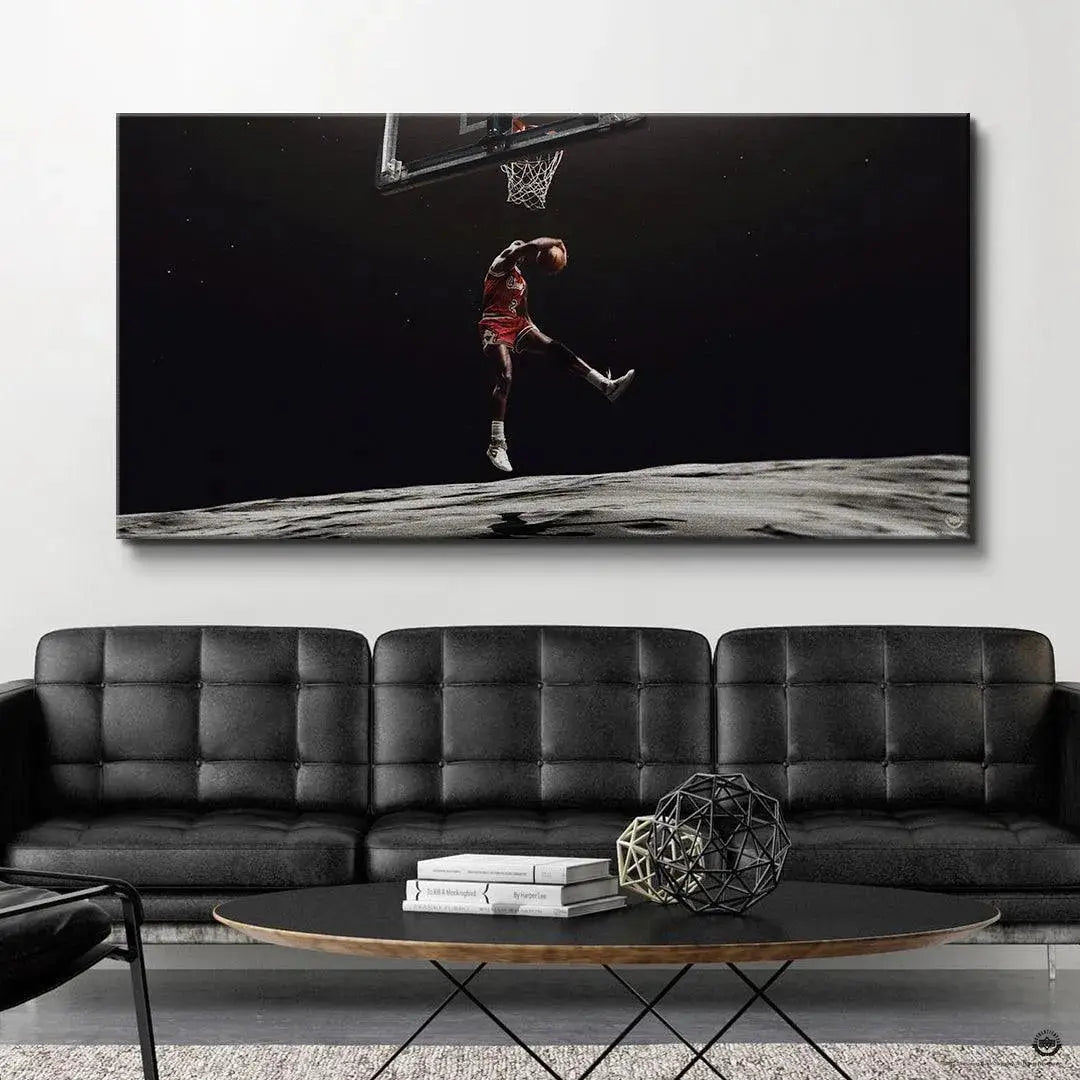 Wide shot showing the basketball hoop suspended above the action in the Michael Jordan - Moon Landing scene.