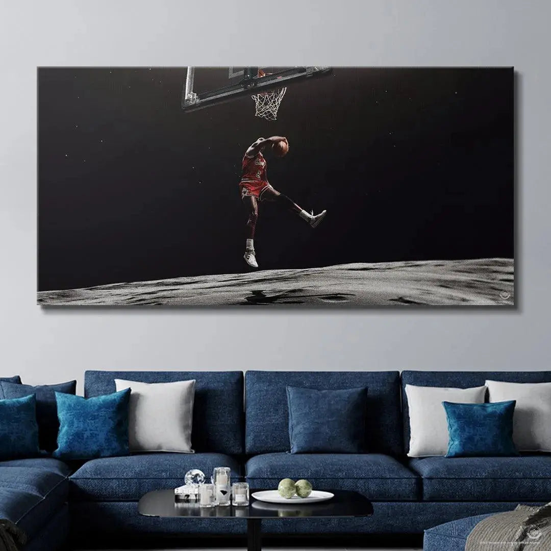 Artistic angle emphasizing MJ's shadowless silhouette in the Michael Jordan - Moon Landing poster design.